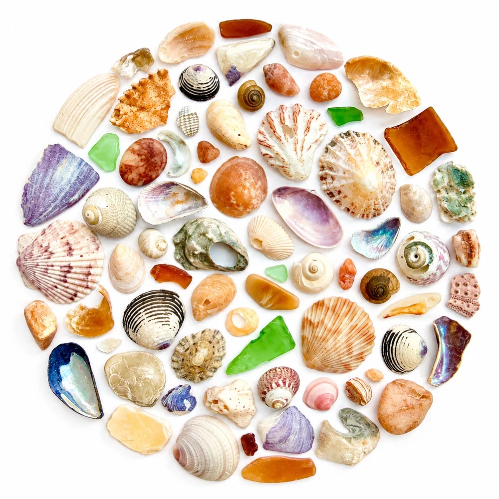Collection of colorful seashells, sea glass, and found coastal materials arranged on white
